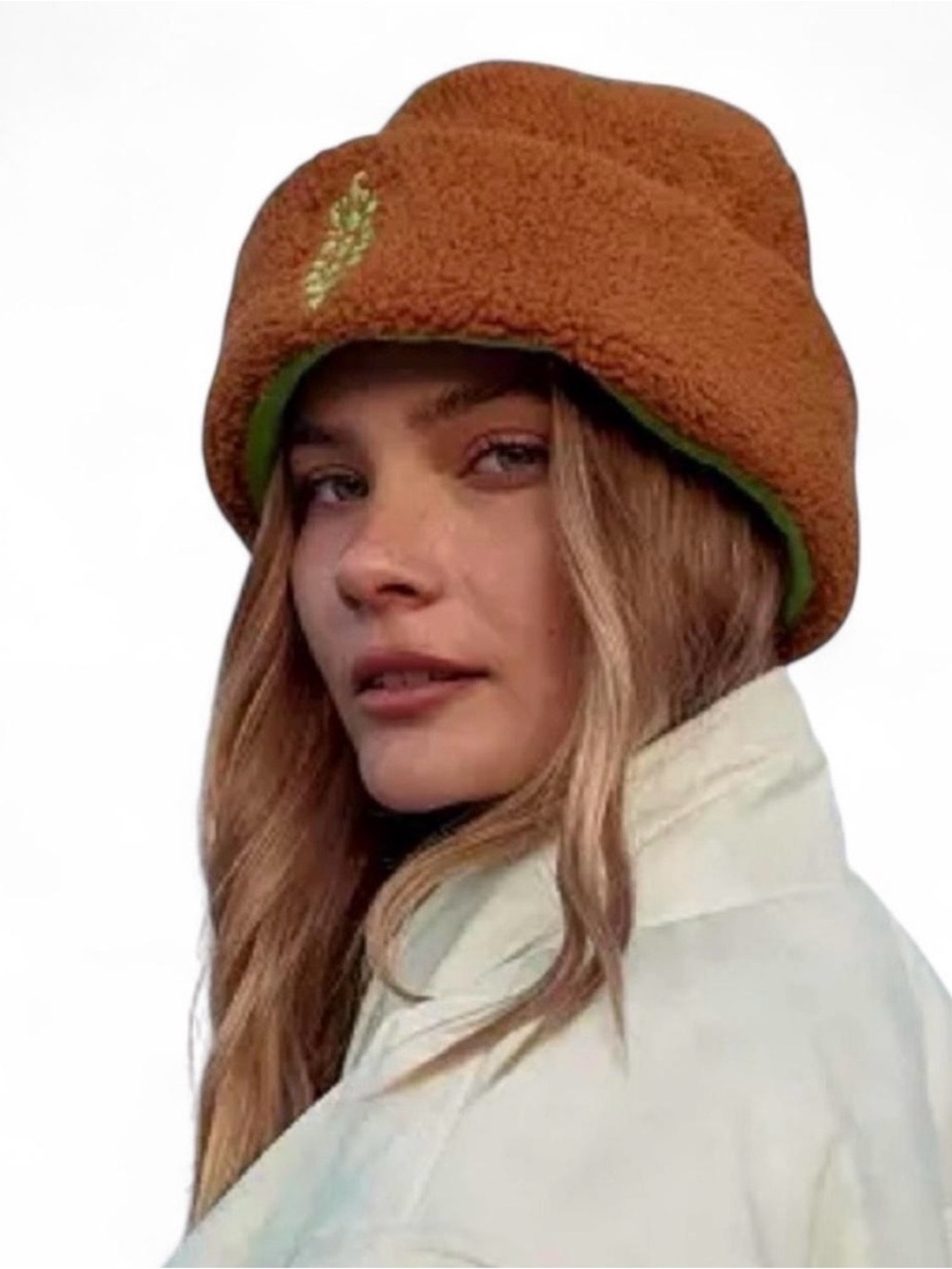 The FP Movement Back Roads Beanie in tan sherpa fleece + lime green trim
